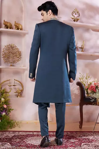 green imported plain fabric sherwani with faux satin churidar for men
