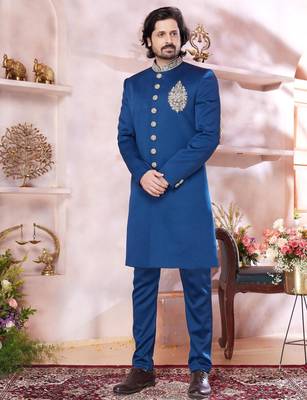 blue imported plain fabric full sleeve sherwani with faux satin churidar for men 1