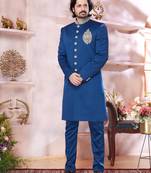 Blue imported plain fabric Full sleeve sherwani with faux satin Churidar for men