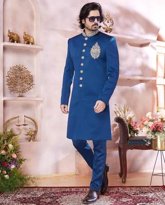 blue imported plain fabric full sleeve sherwani with faux satin churidar for men 2