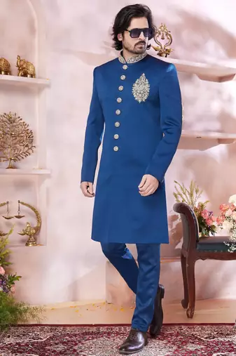 blue imported plain fabric full sleeve sherwani with faux satin churidar for men