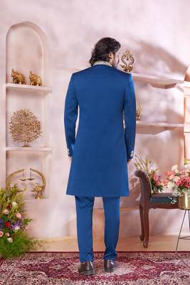 blue imported plain fabric full sleeve sherwani with faux satin churidar for men 3