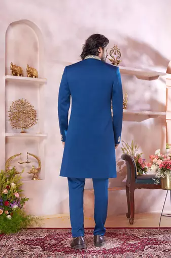 blue imported plain fabric full sleeve sherwani with faux satin churidar for men