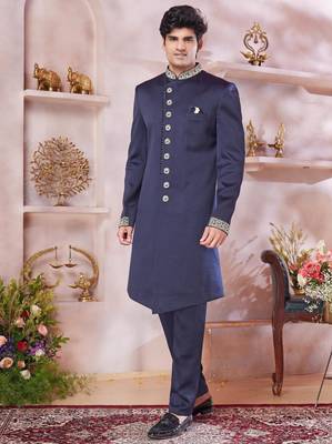 blue imported plain fabric sherwani with faux satin churidar for men 1