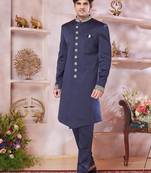 Blue imported plain fabric sherwani with faux satin Churidar for men