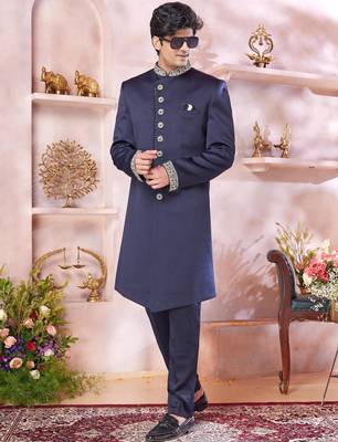 blue imported plain fabric sherwani with faux satin churidar for men 2