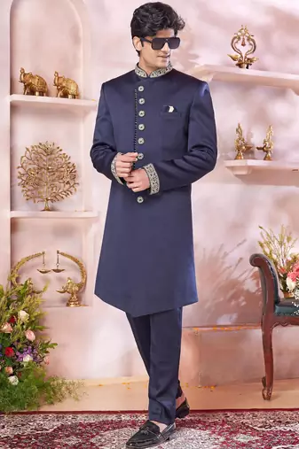 blue imported plain fabric sherwani with faux satin churidar for men