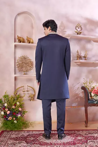 blue imported plain fabric sherwani with faux satin churidar for men