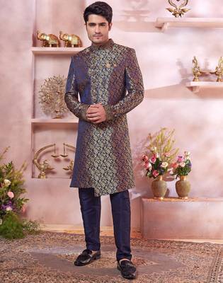 blue jacquard banarasi silk sherwani with faux satin churidar for men 1