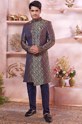 Blue jacquard banarasi silk sherwani with faux satin Churidar for men