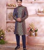 Blue jacquard banarasi silk sherwani with faux satin Churidar for men