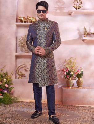 blue jacquard banarasi silk sherwani with faux satin churidar for men 2