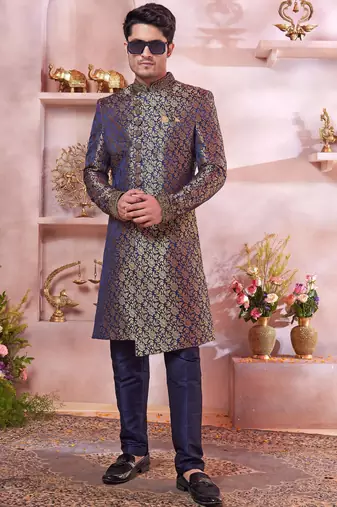 blue jacquard banarasi silk sherwani with faux satin churidar for men