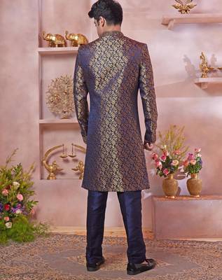 blue jacquard banarasi silk sherwani with faux satin churidar for men 3