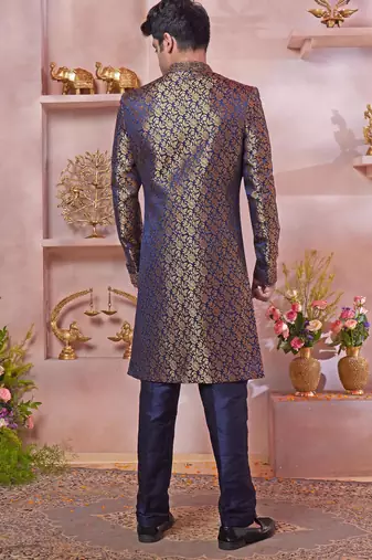 blue jacquard banarasi silk sherwani with faux satin churidar for men