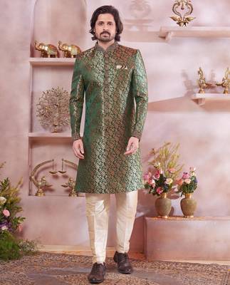 green jacquard banarasi silk sherwani with faux satin churidar for men 1