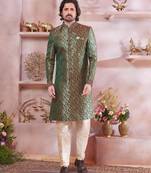 Green jacquard banarasi silk sherwani with faux satin churidar for men