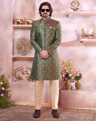 green jacquard banarasi silk sherwani with faux satin churidar for men 2