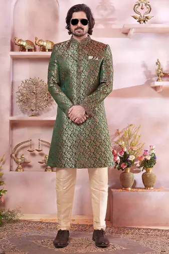 green jacquard banarasi silk sherwani with faux satin churidar for men