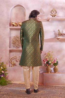green jacquard banarasi silk sherwani with faux satin churidar for men 3