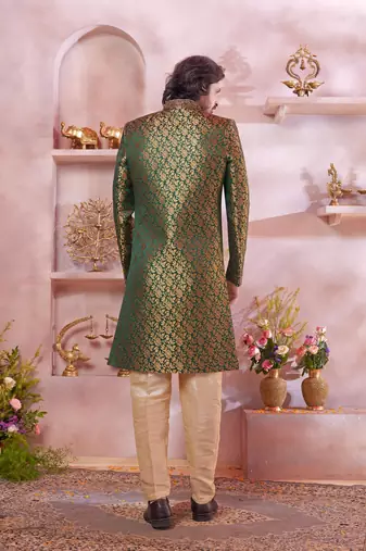 green jacquard banarasi silk sherwani with faux satin churidar for men