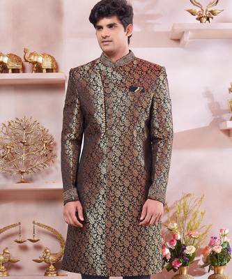 black jacquard banarasi silk sherwani with faux satin churidar for men 1