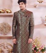 Black jacquard banarasi silk sherwani with faux satin Churidar for men