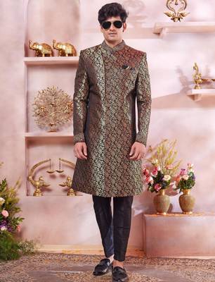 black jacquard banarasi silk sherwani with faux satin churidar for men 2