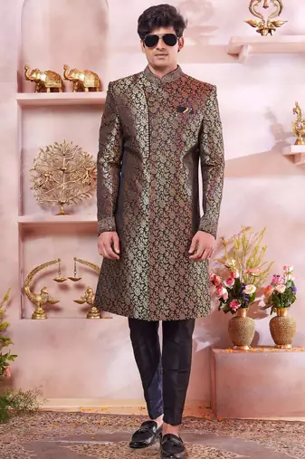black jacquard banarasi silk sherwani with faux satin churidar for men