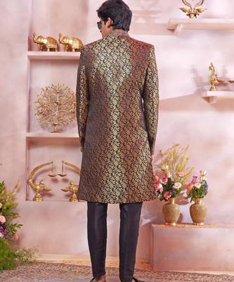 black jacquard banarasi silk sherwani with faux satin churidar for men 3