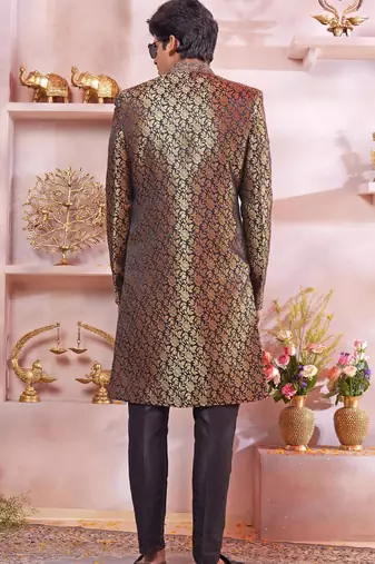 black jacquard banarasi silk sherwani with faux satin churidar for men
