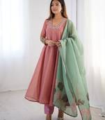 Peach tissue silk anarkali suit with handwork and printed organza dupatta