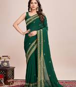 Green vichitra silk blend saree with floral embroidery