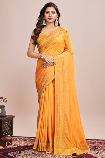 Mustard vichitra silk blend saree with floral embroidery