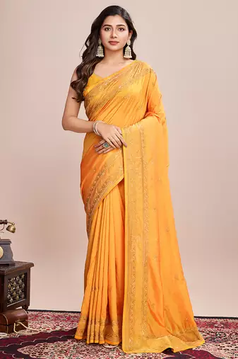 Mustard vichitra silk blend saree with floral embroidery
