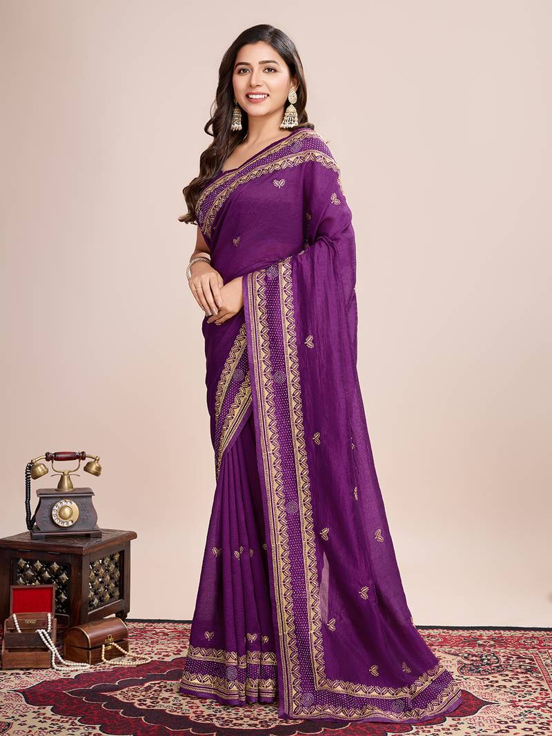 Wine vichitra silk blend saree with floral embroidery
