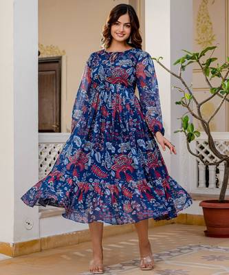 Women's blue floral print fit & flare maxi dress 1