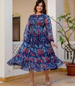 Women's blue floral print fit & flare maxi dress