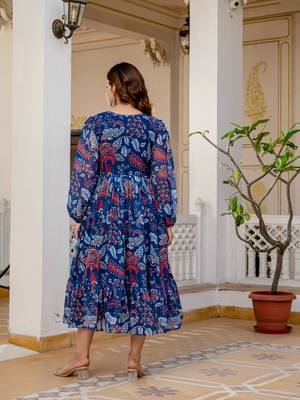 Women's blue floral print fit & flare maxi dress 2