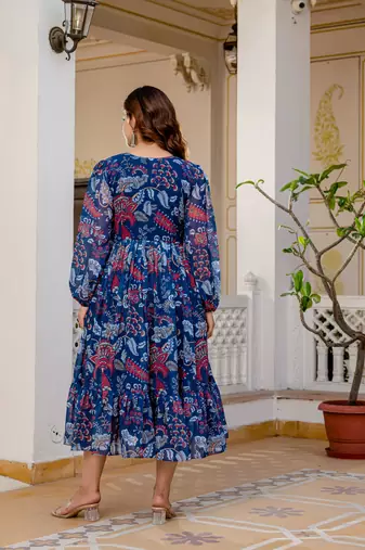 Women's blue floral print fit & flare maxi dress