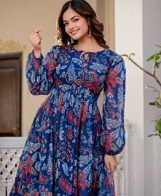 Women's blue floral print fit & flare maxi dress 3