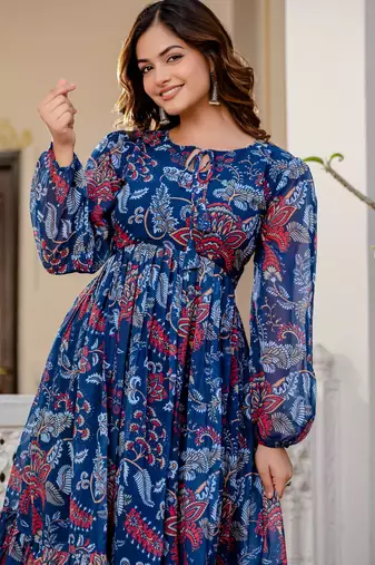 Women's blue floral print fit & flare maxi dress