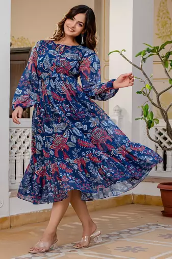 Women's blue floral print fit & flare maxi dress