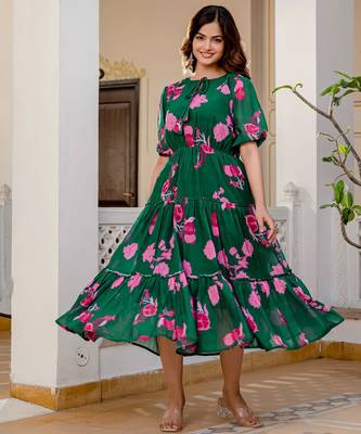 Women's green floral print fit & flare maxi dress 1