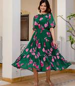 Women's green floral print fit & flare maxi dress