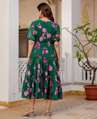 Women's green floral print fit & flare maxi dress 2