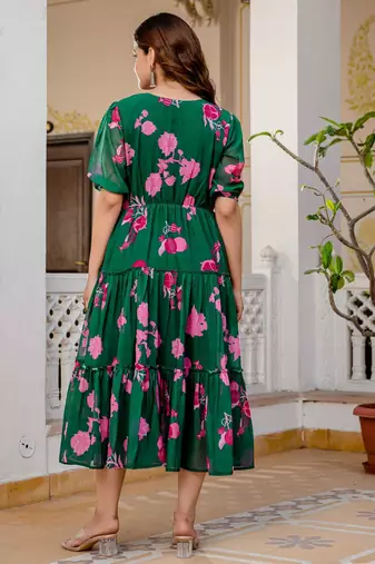 Women's green floral print fit & flare maxi dress