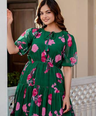 Women's green floral print fit & flare maxi dress 3