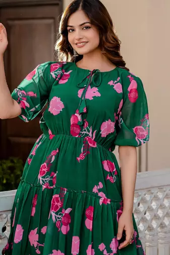 Women's green floral print fit & flare maxi dress