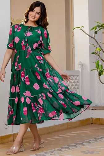 Women's green floral print fit & flare maxi dress